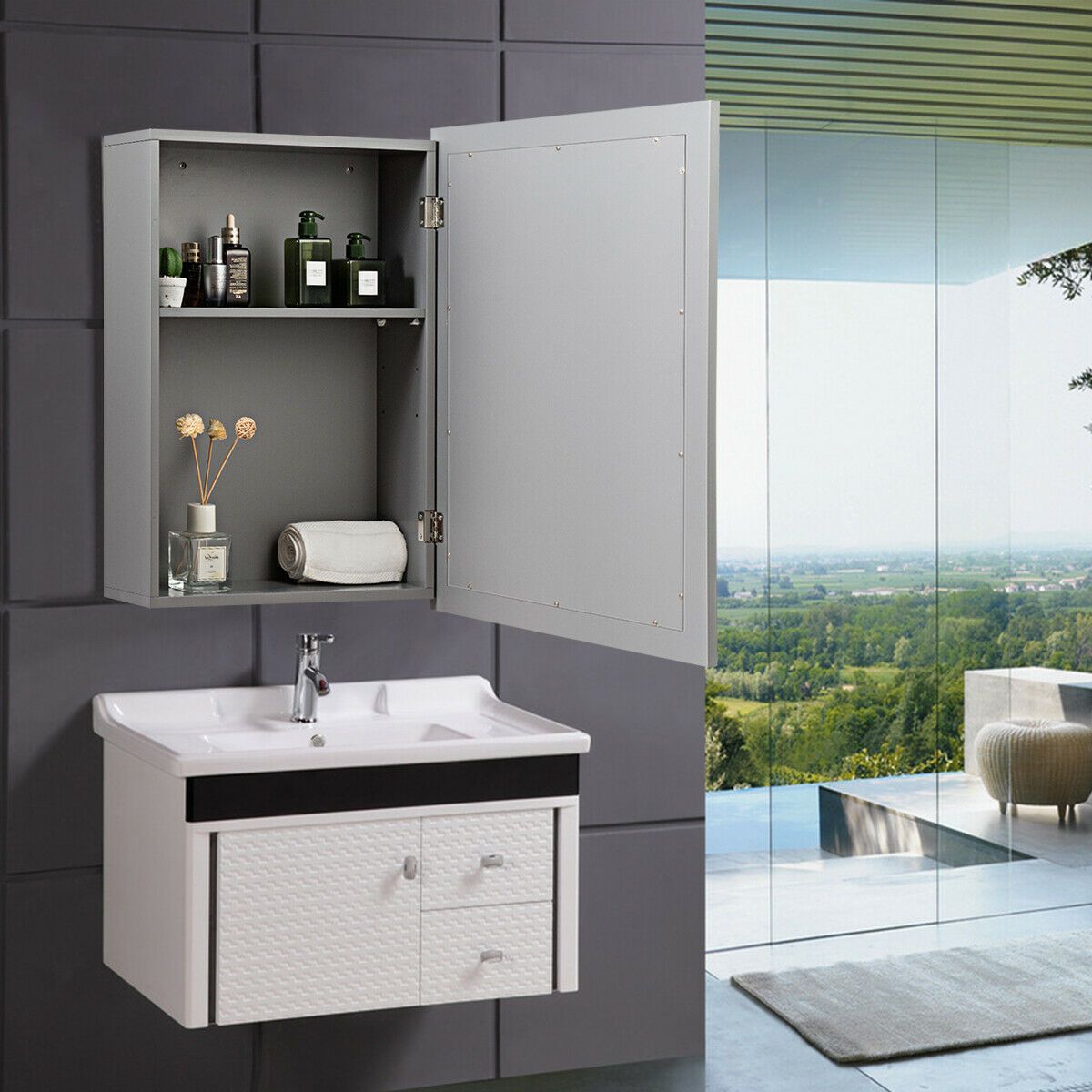 Adjustable Wall Mounted Storage Cupboard with Mirror for Bathroom